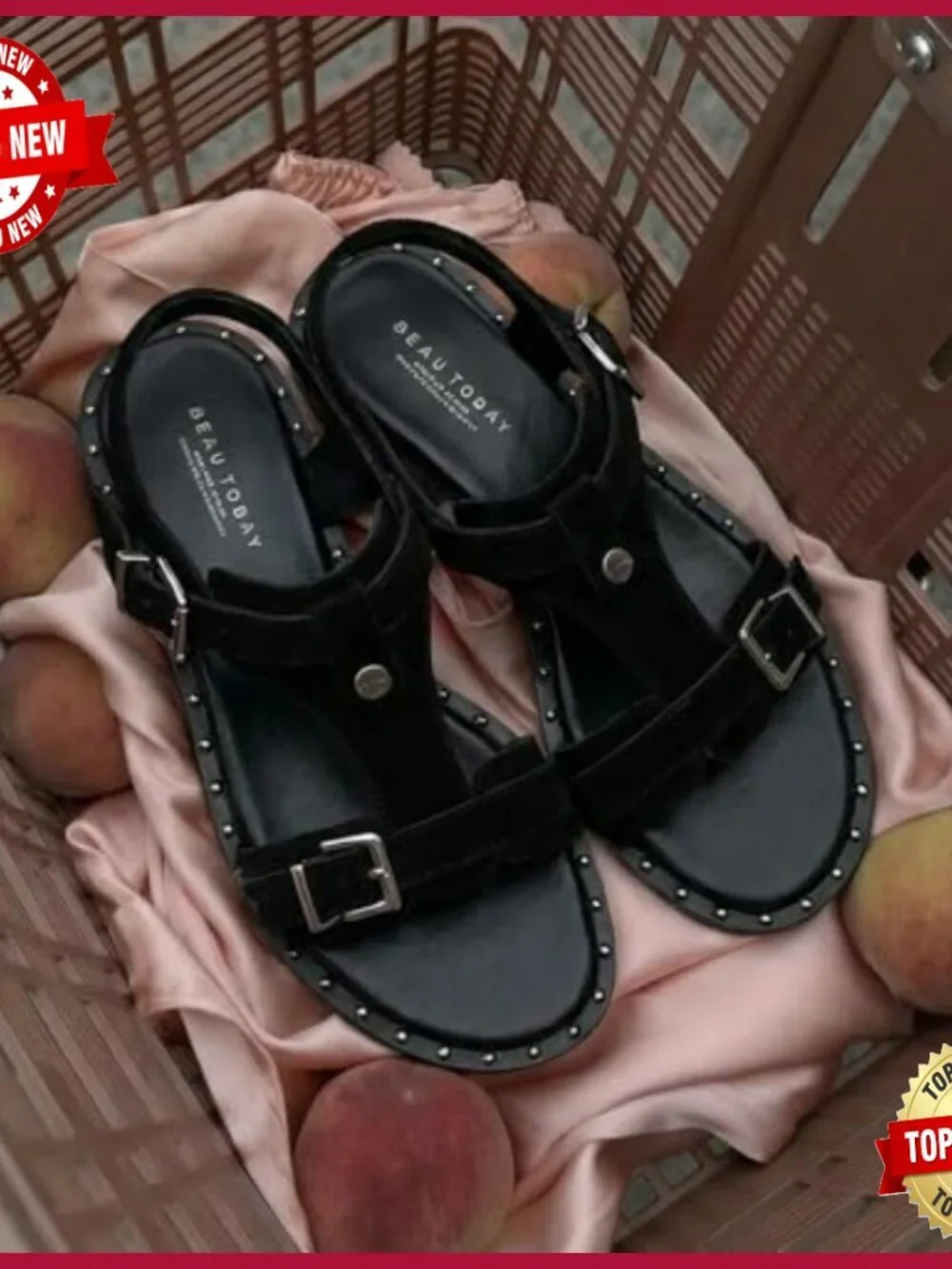 Women's T-Strap Suede Sandals with Ankle Buckle Studded Flats Lightweight